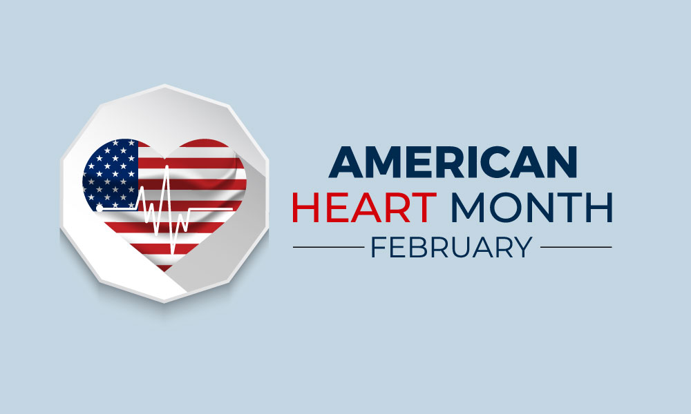 American flag in a heart with text - American Heart Month February