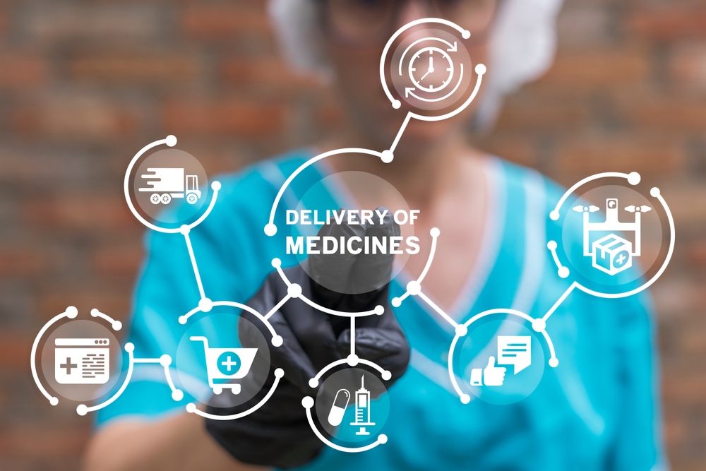 Nurse using virtual screen presses text: DELIVERY OF MEDICINES. Medical product, services distribution.