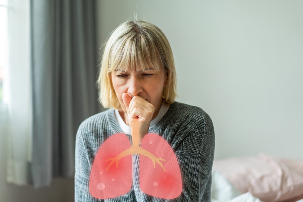 Sick senior women touching neck coughing with sore throat pain