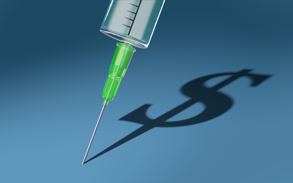 3D illustration of a vaccine needle with a dollar symbol as its shadow