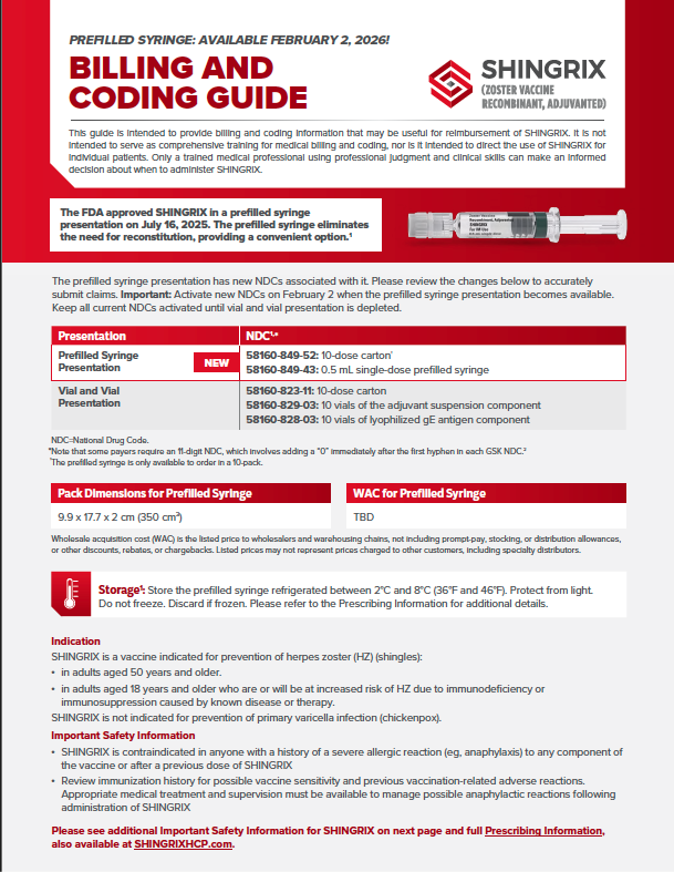 front page of SHINGRIX billing and coding guide PDF